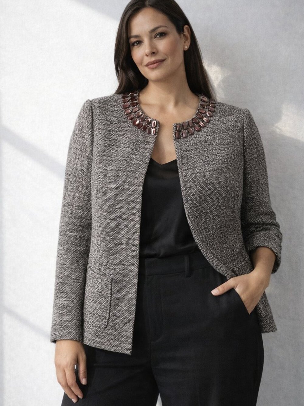 Dana Buchman Size 14 Black White Tweed Jewel Collar Jacket Gold Lurex